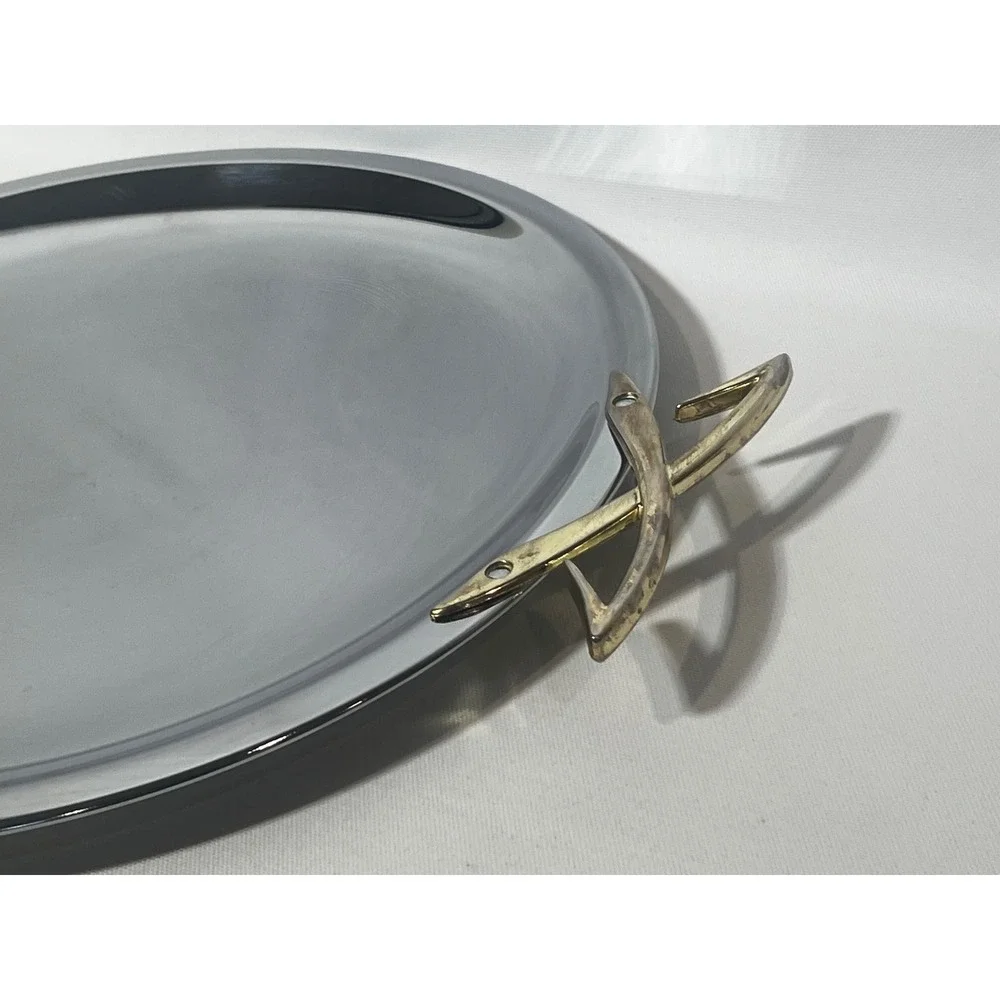 Kromex Serving Tray Silver Chrome Gold Atomic X Handles Mid Century Vintage MCM‎